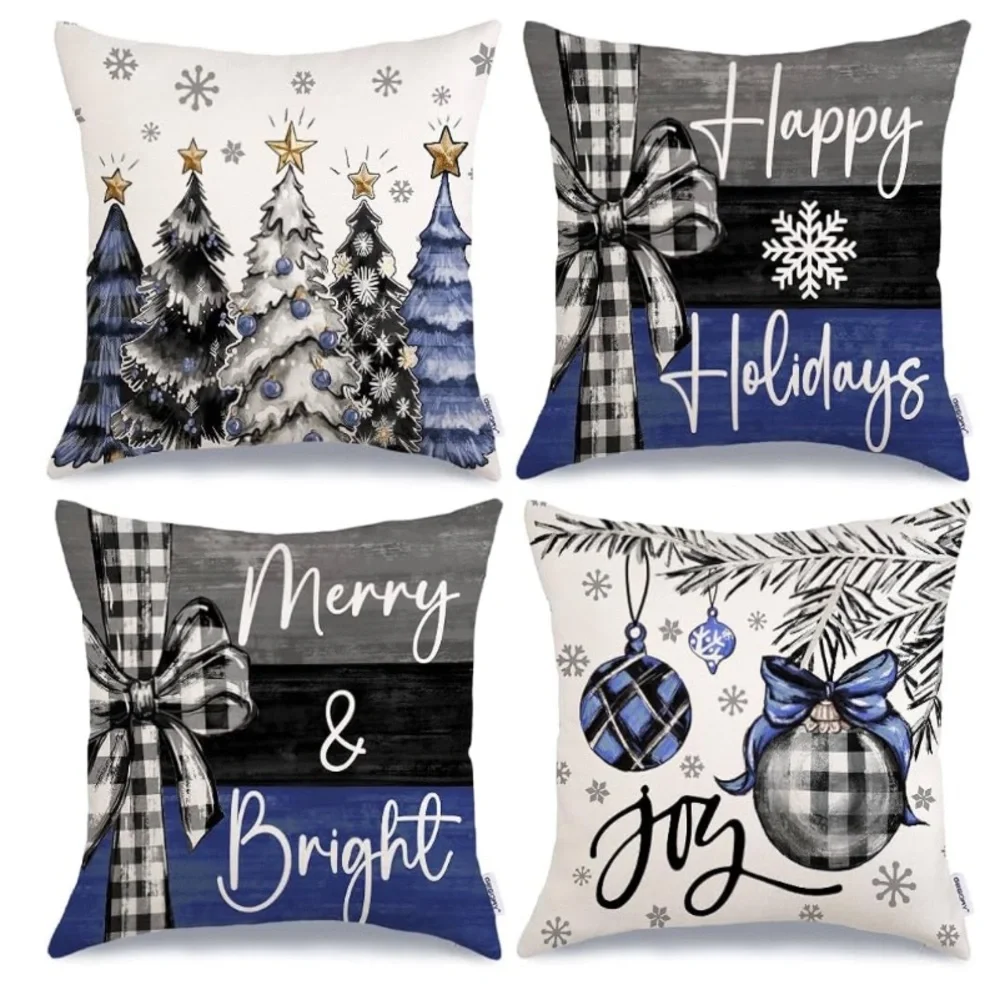 Festive Holiday Pillow Covers Set - Blue and Black
